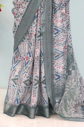 Linen Digital Print Grey Saree With Unstiched Blouse Piece-MPHL-74-GREY